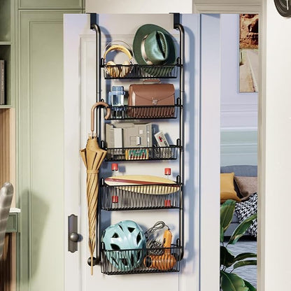 4 Layers Pantry over the Door Organizer with 2 suction cups, Metal over the Door Spice Rack with Adjustable Baskets, Behind Door Organizer Hanging- for Kitchen Laundry Bathroom (Black)