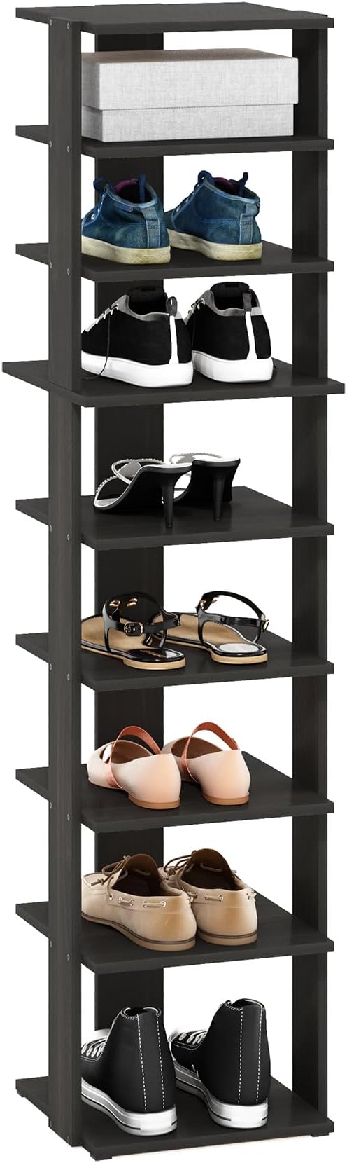 Furinno Compact Vertical Shoe Rack, 9-Tier Narrow Shoe Organizer, Free Standing Shoe Storage, Shoe Shelf for Boots, Sneakers, 12 x 12.6 x 51, for Closet, Entryway, Office, Garage, Espresso