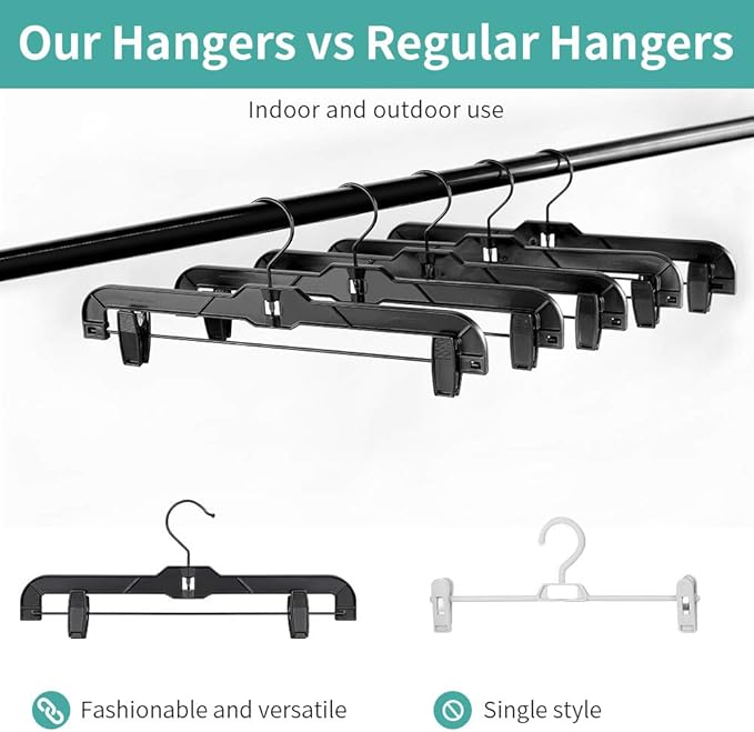 True Black Plastic Pant Skirt Hangers 20 Pack, with Plastic Clips and Steel Wire, All Black Finish 14inch