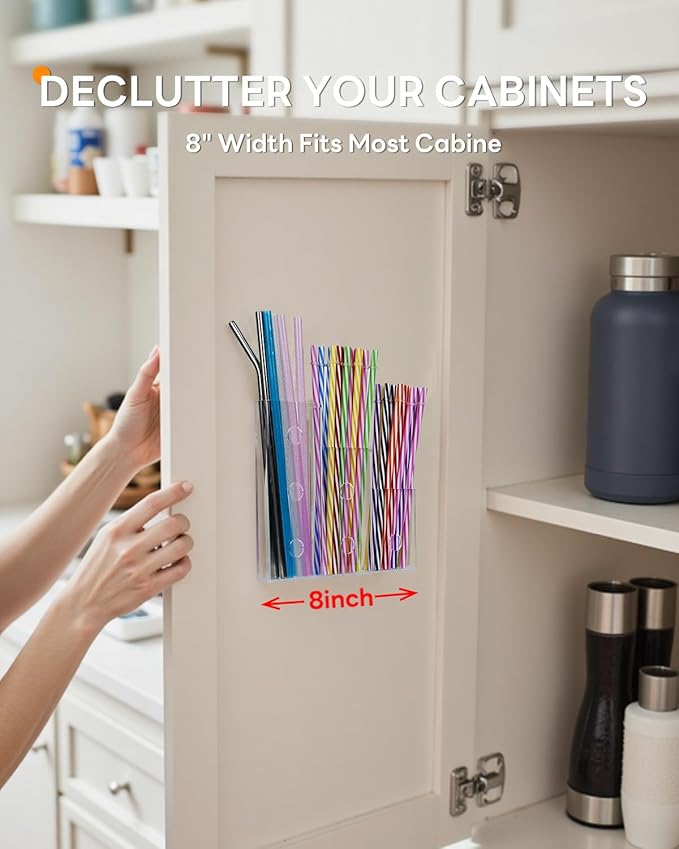 8" Acrylic Straw Holder for Cabinet Door – Wall Mounted Straw Organizer with Height Dividers, Adhesive Kitchen Accessories Storage Rack for Inside Cabinet or Cupboard Door