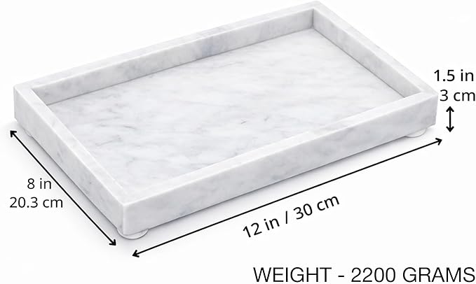 Natural White Marble Tray for Bathroom | Kitchen | Vanity | Desktop, Stone Organizer for Coffee Table, Dresser, Nightstand, Candles, Soap, Towel, Plant, Jewelry (12" x 8"), Rectangular