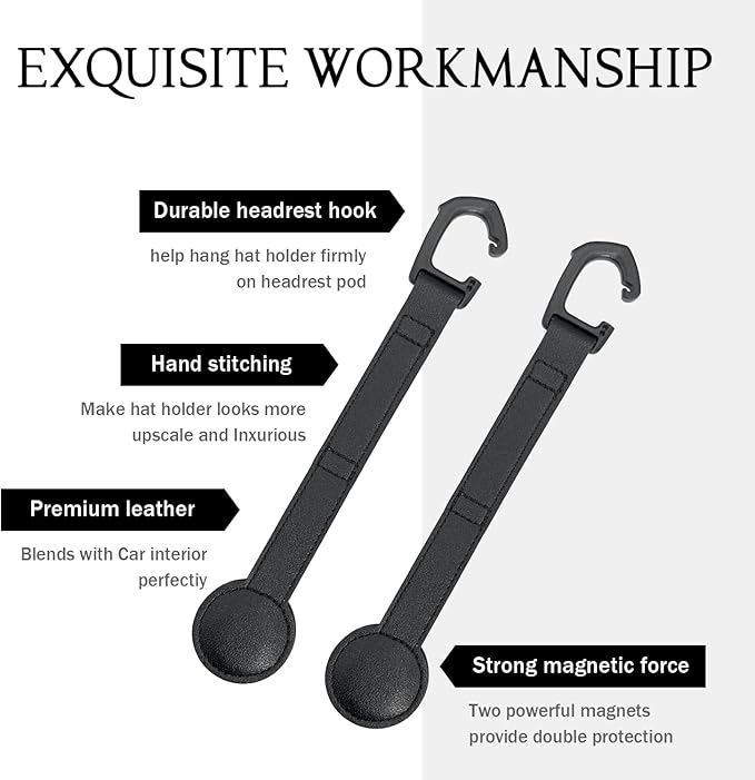 Cowboy Hat Holder for Truck, 2 Pack Black Leather Magnetic Hat Clip - Universal Hat Rack Organizer for Car Pickup Seat Headrest, Travel Hat Hanger Accessory