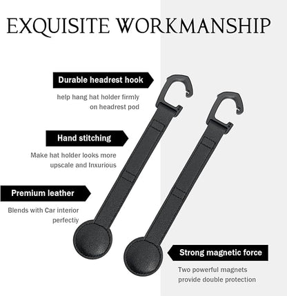 Cowboy Hat Holder for Truck, 2 Pack Black Leather Magnetic Hat Clip - Universal Hat Rack Organizer for Car Pickup Seat Headrest, Travel Hat Hanger Accessory