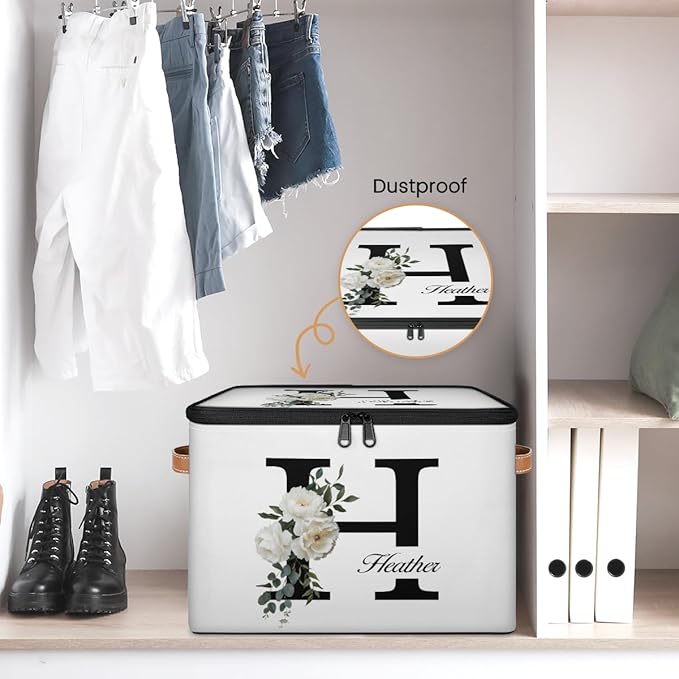 Custom Initials Floral Storage Bins with Lid, Foldable Personalized Storage Basket Boxes with Handle Shelf Basket Closet Organizer Cube