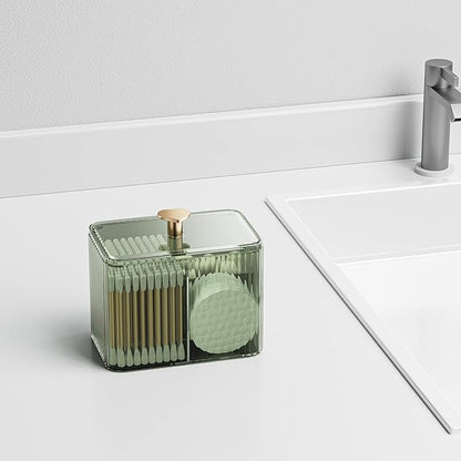 Q Tip Holder for Bathroom with 3 Compartments, Cute Clear Plastic Bathroom Container Jars Canister Dispenser with Lid for Cotton Swab, Ball, Pad, Round, Bathroom Organizer and Storage, Smoked Green