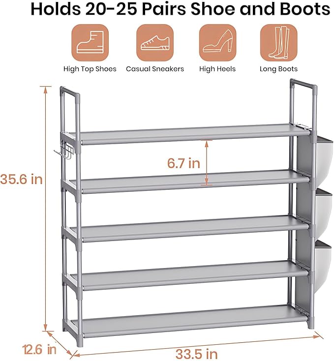 VILICK Shoe Rack for Closet Shoe Organizer Space Saver Storage for 20-25 Pair Shoe Shelf with Hook and Side Pocket Free Standing 5 Tier Shoe Rack Organizer for Entryway,Small Spaces, Grey