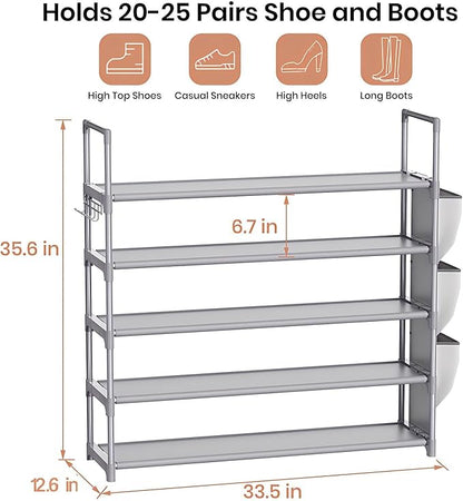 VILICK Shoe Rack for Closet Shoe Organizer Space Saver Storage for 20-25 Pair Shoe Shelf with Hook and Side Pocket Free Standing 5 Tier Shoe Rack Organizer for Entryway,Small Spaces, Grey
