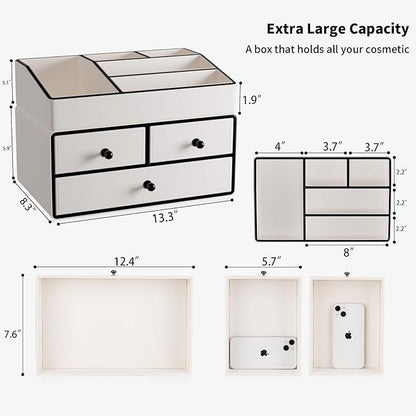 GORESE Leather Makeup Organizer with Drawers for Vanity, Stackable Skincare Holder Dresser Organizer Countertop, Make Up Storage Organizers Counter Cosmetic Display Case Gifts for Women(Cream White)