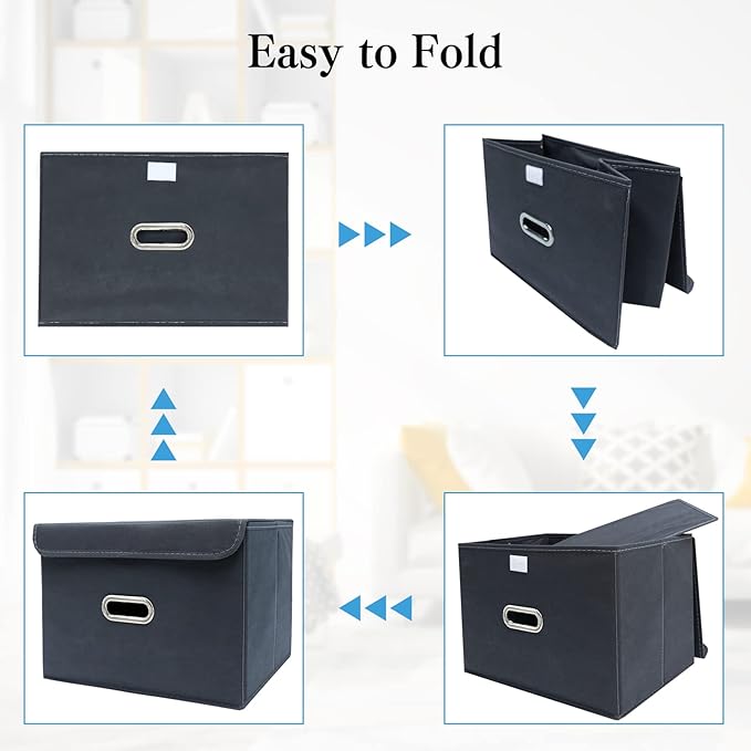 STOREONE Fabric Storage Cube Bins Foldable Organizer Container Collapsible Basket with Lids and Metal Handles, for Home, Bedroom, Closet 3 Pcs (Grey)