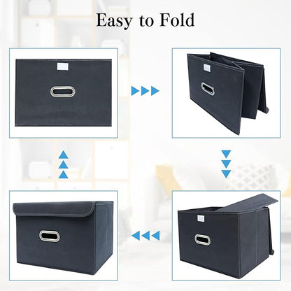 STOREONE Fabric Storage Cube Bins Foldable Organizer Container Collapsible Basket with Lids and Metal Handles, for Home, Bedroom, Closet 3 Pcs (Grey)