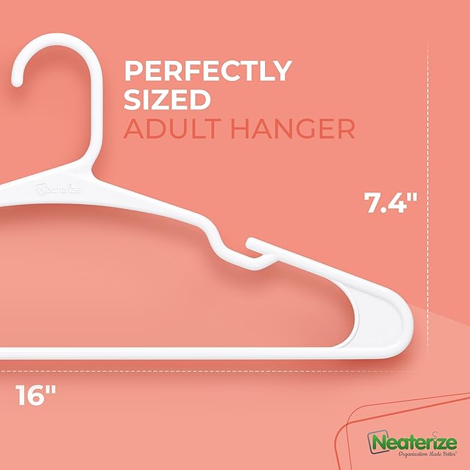 NEATERIZE Clothes Hangers Plastic 50 Pack for Adults - Plastic Hangers, The Perfect Coat Hanger and Space Saving Clothes Hangers for Closet, Percheros Ganchos para Colgar Ropa Hangars - White Hangers