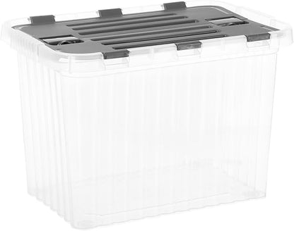 Superio Storage Box with Hinged Lids, Plastic Container Bins for Organizing with Attached Lid, Stackable Crates, BPA Free, Organizers for Home, 17 Quart (Clear with Grey Lids, 15"x10"x10.25")