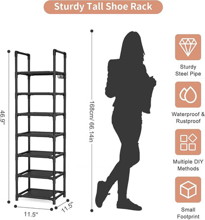 LANTEFUL Tall Shoe Rack 7 Tier Narrow Shoe Shelf Storage for 7-14 Pairs Shoe and Boot, Sturdy Shoe Storage Space Saving Corner Shoe Rack Organizer for Closet, Entryway, Living Room, Black