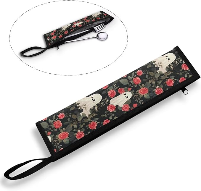 COEQINE Vintage Rose Ghost Portable Utensils Case Cute Pink Flower Fashion Silver Storage Case Tableware Case With Handles,Machine Washable Fit 11.8 x 2.7