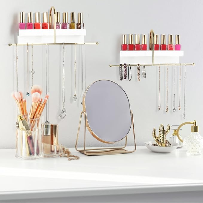J JACKCUBE DESIGN Gold and White Wall Mounted Hanging Jewelry Organizer Holder Set of 2 for Necklaces, Rings, Bracelets and Earrings with White Display Shelf- MK692A