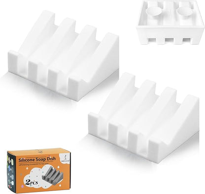 2 Pack Self Draining Silicone Soap Dish with Suction Cups - Non-Slip Bar Soap Holder for Shower & Kitchen, Waterfall Tray Keeps Soap Dry, Easy Clean, Extends Soap Life (White)
