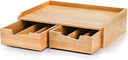 SOUJOY Bamboo Drawer Organizer for Coffee Pod, K Cup Organizer for Counter, Tea Bag Storage Organizer with Drawer and Side Storage Box for Kitchen Office Coffee Bar