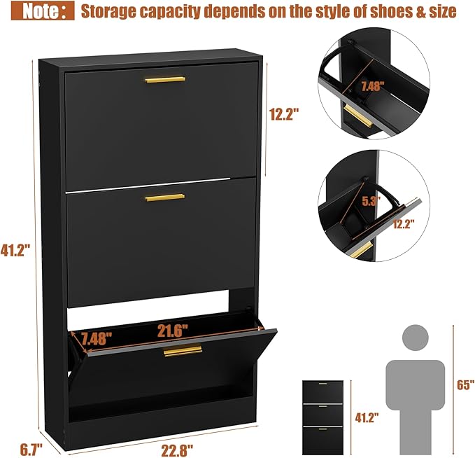 JOZZBY Shoe Cabinet Storage with 3 Flip Drawers for Entryway, Black Slim Freestanding Modern Narrow Shoe Organizer Rack Cabinet for Hallway, Living Room