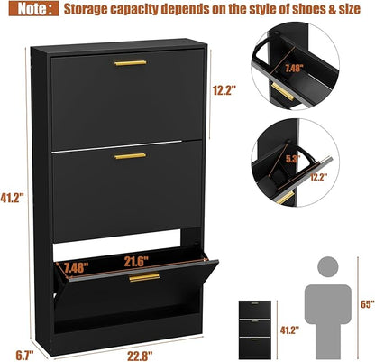 JOZZBY Shoe Cabinet Storage with 3 Flip Drawers for Entryway, Black Slim Freestanding Modern Narrow Shoe Organizer Rack Cabinet for Hallway, Living Room