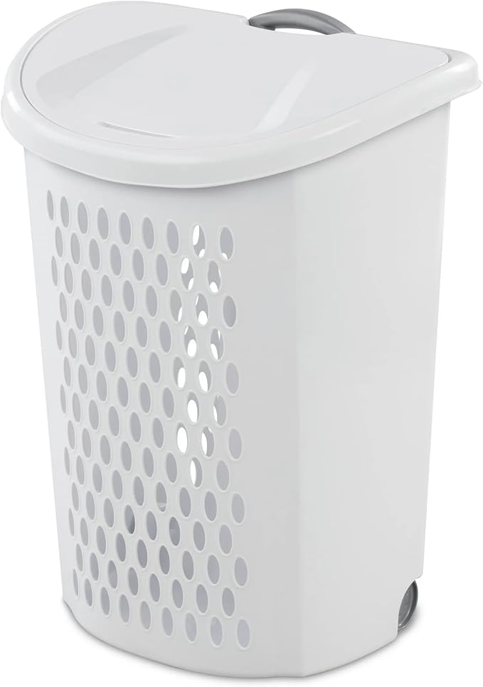 White Wheeled Plastic Laundry Hamper – Adult-Sized Rolling Basket With Handles For Home & Dorms