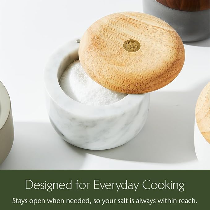 Evermill Salt Cellar (Salt Well) – Premium Marble or Concrete Container with Wooden Lid – Easy Access Kitchen Salt Box with Magnetic Swivel Lid – Includes Sea Salt (Marble with Oak)