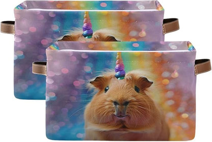 Large Storage Basket Rainbow Guinea Pig Unicorn Storage Bin Cube Canvas Fabric Organizer Handles Collapsible for Clothes Toys Bedroom Decorative