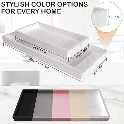 2PCS Bathroom Vanity Tray, 11.8 x 5 Inch Silicone Bathroom Counter Organizer, Decorative Holder for Candle and Perfume Tray, Cosmetics, Jewelry Rings for Kitchen Sink Organizer, Marble White
