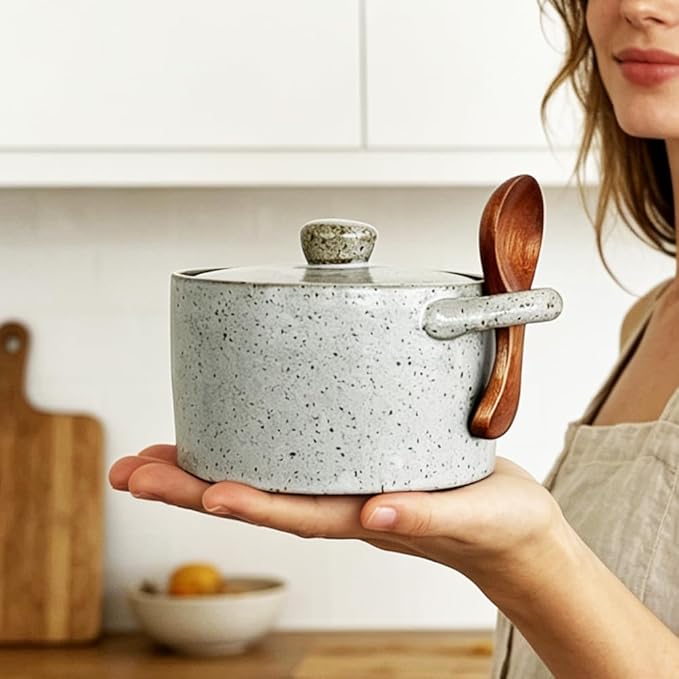Ceramic Salt Cellar With Lid & Spoon,12oz Salt Container For Countertop,Sugar Bowl,Spice Jar(Gray B)