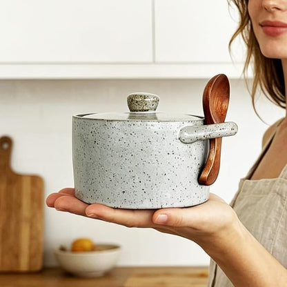Ceramic Salt Cellar With Lid & Spoon,12oz Salt Container For Countertop,Sugar Bowl,Spice Jar(Gray B)