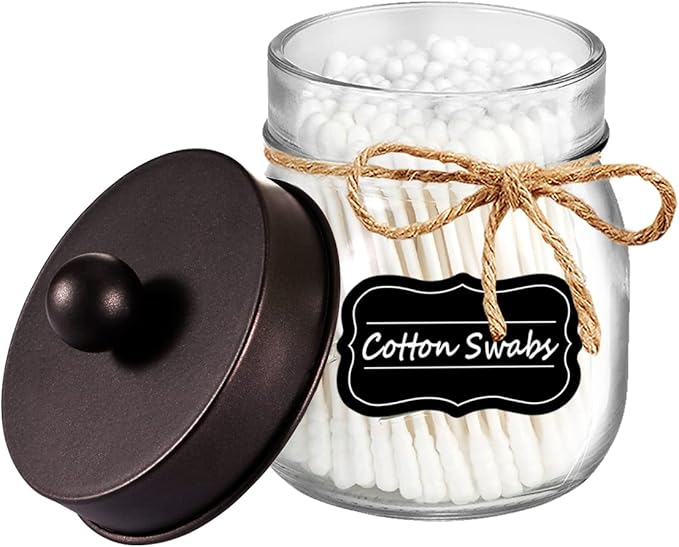 Amolliar Mason Jar Bathroom Vanity Organizer - Rustic Farmhouse Decor Bronze Bathroom Accessories -- Qtip Dispenser Holder Canister Glass for Q-tips,Cotton Swabs,Rounds,Ball,Flossers / Bronze,2-Pack