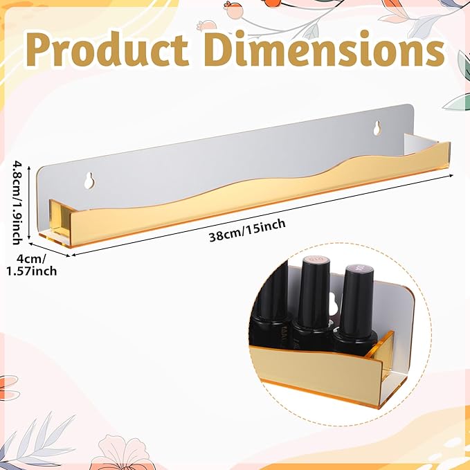 6 Pack Wall Mounted Nail Polish Organizer Rack, 15 Inch Gold Mirror Nail Polish Shelf with Stopper Multi-Purpose Shelf for Essential Oils Cosmetics Storage Display Rack for Salon Bathroom