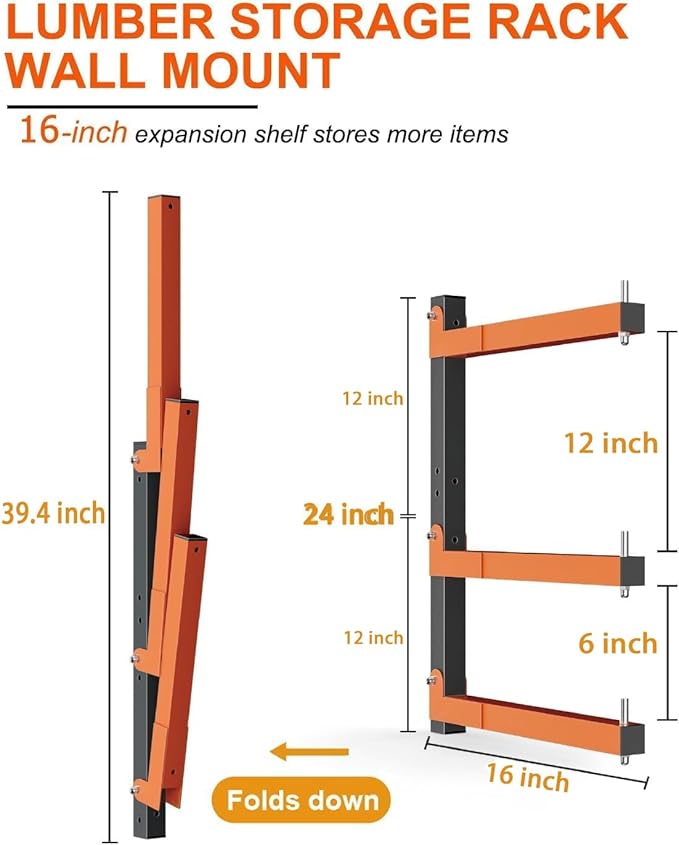 Lumber Storage Rack Wall-Mounted Lumber Racks Heavy Duty Wood Storage Rack with 9-Level Holds Up 1080 LB Sturdy Folding Garage Wood Organizer Orange Shelving Metal Shelf for Indoor & Outdoor- 6 Pack