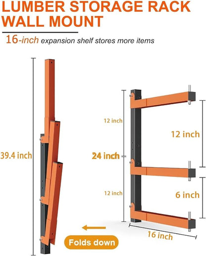 Lumber Storage Rack Wall-Mounted Lumber Racks Heavy Duty Wood Storage Rack with 9-Level Holds Up 1080 LB Sturdy Folding Garage Wood Organizer Orange Shelving Metal Shelf for Indoor & Outdoor- 6 Pack