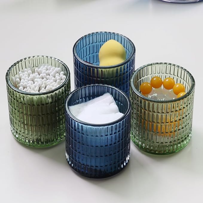 WAIT FLY Embossed Glass Cotton Swabs Dispenser with Lid Bathroom Cup Bathroom Vanity Organizer-Red
