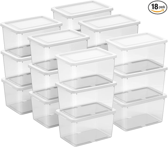 Sterilite 18 Pack Storage Boxes, Clear Plastic Stackable Containers, Lightweight Home Organizers with Snap Lids, 20 Quart, White