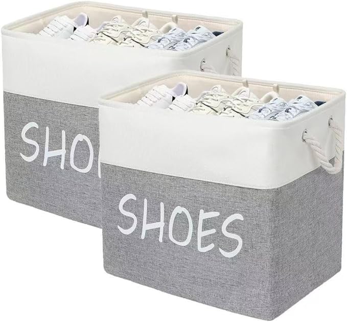 Large Fabric Shoe Basket,Flodable Shoe Storage Bin for Entryway,Hallway or Mudroom,Stylish Shoe Storage Container (Large-2 Pack)