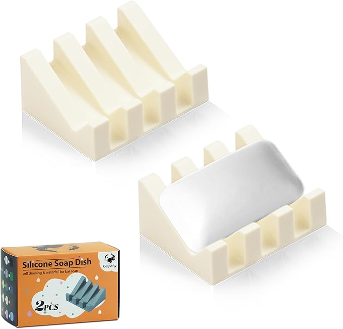 Self Draining Soap Dish Holder,Silicone Soap Dish,for Bathroom,Kitchen, Sponges，Can Extend Soap Life，Keep Soap Bars Dry and Easy Cleaning (Cream White,2-Pack)