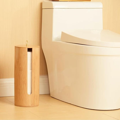 Gobam Bamboo Toilet Paper Storage with Dual-Use Lid, Freestanding Bathroom Tissue Organizer with Viewing Slot, Built-In Handle, Anti-Slip Base, Compact Toilet Paper Holder Stand for up to 3 Mega Rolls