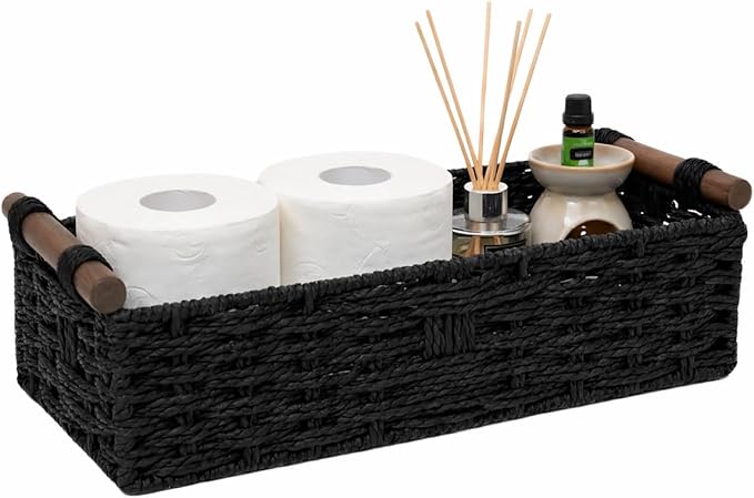Black Woven Bathroom Basket with Wood Handles — Toilet Paper Storage Organizer for Back of Toilet, Paper Rope Wicker Basket, Boho Bathroom Decor Tray for Countertop or Tank Top