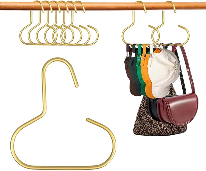 6 Pcs Hat Hanger Gold Hooks Organizer, Metal Shawl Belt Scarf Caps Tie Purse Storage Hangers Organizers Non-Slip Easy Access Open Hook Space Saving Multi-Functional Hooks