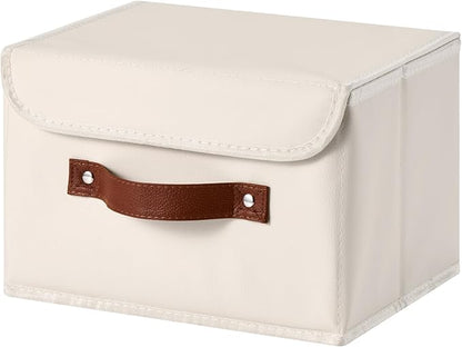 Storage Bins Box with Lids Decorative PU Leather Fabric Baskets Cubes with Handles PP Plastic Board Foldable Washable Lidded Clothing Shelf Closet Organizer Container (Beige, Small)