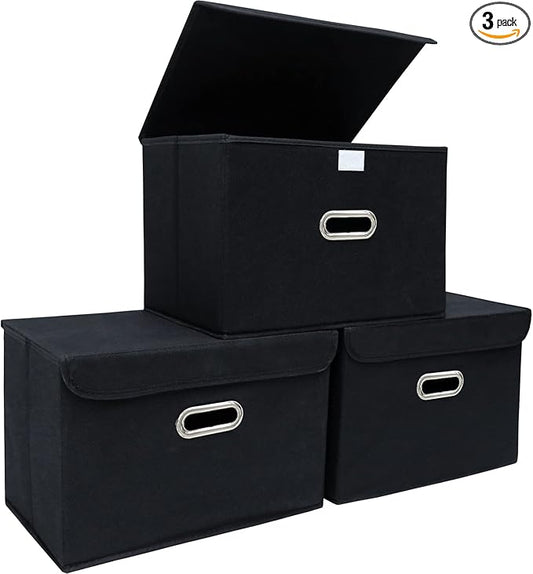 STOREONE Fabric Storage Cube Bins Foldable Organizer Container Collapsible Basket with Lids and Metal Handles, for Home, Bedroom, Closet (Black, 3 Pcs)