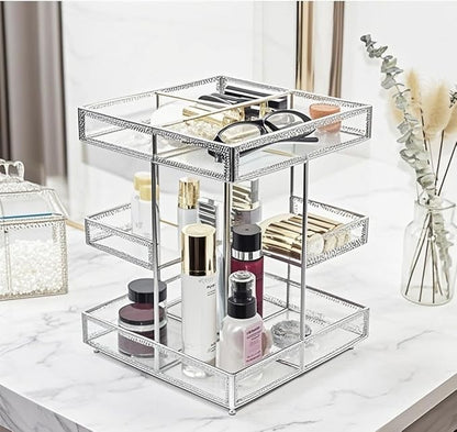 360 Degree Rotation Cosmetic Organizer -Premium Makeup Storage with Spin Base,Antique Countertop Cosmetic Storage,Large Capacity,Beauty Display for Countertop,Vanity or Bathroom (silver)