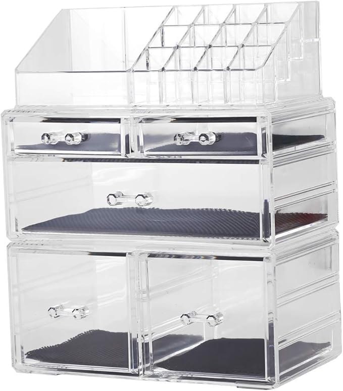 Sooyee 4 Doors Foldable Necklace Hanging Jewelry Organizer Double Sided Stand Display & 3 Pieces Clear Acrylic Cosmetic Storage Drawers and Jewelry Display Box,Clear