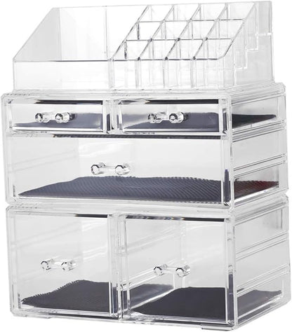 Sooyee 4 Doors Foldable Necklace Hanging Jewelry Organizer Double Sided Stand Display & 3 Pieces Clear Acrylic Cosmetic Storage Drawers and Jewelry Display Box,Clear