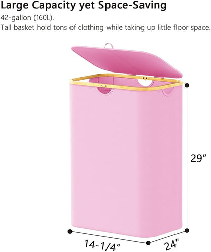 SpaceAid Double Laundry Hamper 2 Section with Lid and Removable Laundry Bags, 160L Clothes Basket with Bamboo Handles, Large Collapsible Hamper for Bedroom, Bathroom, Dorm, Laundry Room - Pink