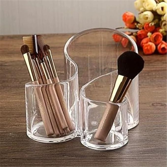 Acrylic Makeup Organizer Cosmetic Storage Display Case Makeup Brush Cotton Ball Pads Swab Q-tip Holder Lipstick Dispenser Canister Bathroom Container (5.5x5.3x4.6in, 3 Partitions, Clear)