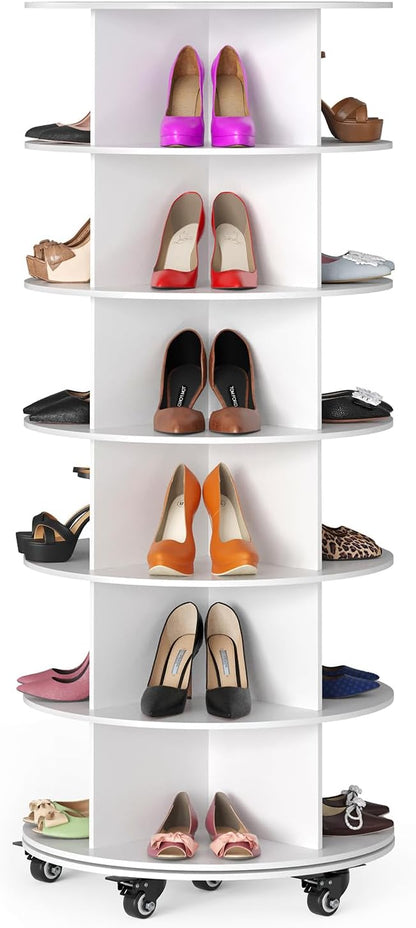 SpaceAid Spinning Shoe Rack with Wheels, 6 Tier Rotating Organizer Shoe Tower Lazy Susan with Thick Bottom, 360 Display Revolving Storage Shelf, Round Circular Rotate Organization, White