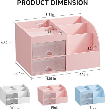 Makeup Organizer with 2 Drawers, Makeup Organizers Countertop for Vanity and Bathroom, Make up organization and Skincare Storage with Brush Holder, for Dresser, Desktop, Cosmetic Display Case (Pink)