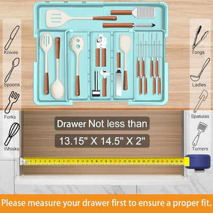 Homecor Utensil Drawer Organizer for Kitchen, Expandable Silverware Organizer Cooking Utensils Tray, Large Cutlery and Flatware Holder, Kitchen Tools & Gadgets Storage (Turquoise)